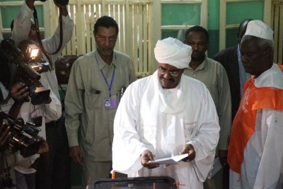 Sudanese President Omar Al Bashir voting in Sudanese elections on 11 April at St. Francis School, Khartoum.