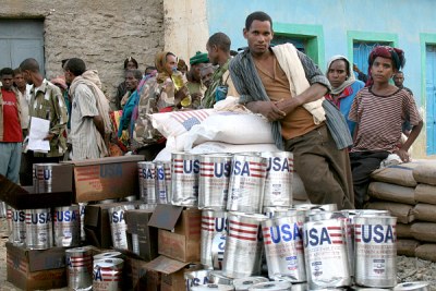 Ethiopians receive humanitarian aid.