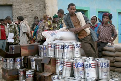 The distribution of food aid in Madagascar. USAid rules maintain that food must be imported from the U.S. (file photo).