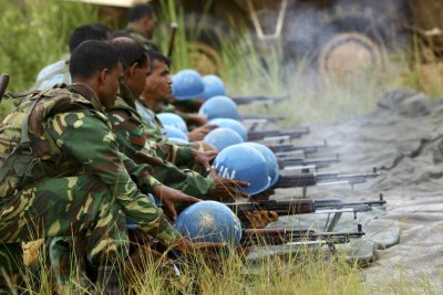 United Nations Organization Mission in the Democratic Republic of the Congo (MONUC) peacekeepers are pictured during a training exercise at the shooting range, near Bunia in Ituri.
