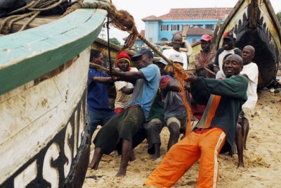 Fishermen in action at Jamestown, Accra. Small-scale fisheries employ more than 90 percent of the world's capture fishers and are vital to food and nutrition security, poverty alleviation and poverty prevention.