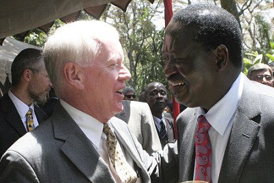 Prime Minister Raila Odinga, right, with U.S. ambassador Michael Ranneberger at a function.