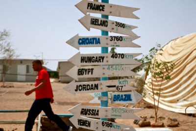 A sign points at the United Nations Mission site in Western Sahara.
