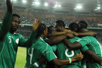 Super Eagles celebrate their first goal scored by Peter Utaka in their 4-0 white-wash of Ethiopia in Abuja.