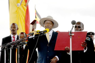 President Yoweri Museveni being sworn in after the recent elections.