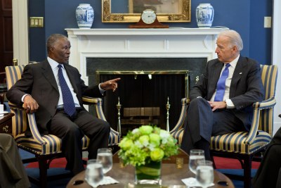 Vice President Joe Biden talks with Former President of South Africa Thabo Mbeki during a meeting with members of the African Union High-Level Implementation Panel for Sudan, in his West Wing Office at the White House, April 18, 2011. Former President of Nigeria Abdulsalami Abubakar and Former President of Burundi Pierre Buyoya also attended the meeting.