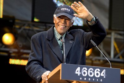 Mandela on stage at the 46664 Arctic concert in Tromso, Norway, in July 2005.