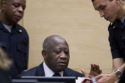 Former president Laurent Gbagbo at his first appearance in the Hague Court.