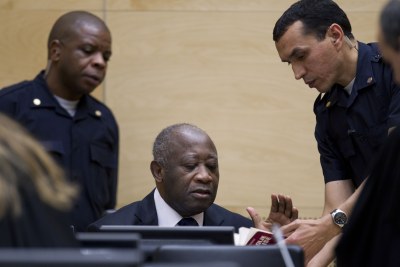 Former president Laurent Gbagbo at his first appearance in the Hague Court.