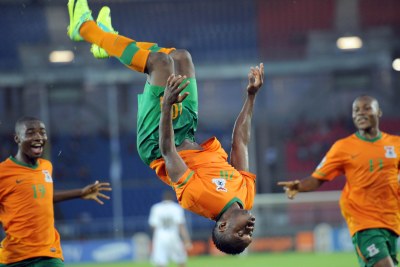 Zambia's Emmanuel Mayuka celebrates the goal he scored to take his side to the finals. (File Photo)