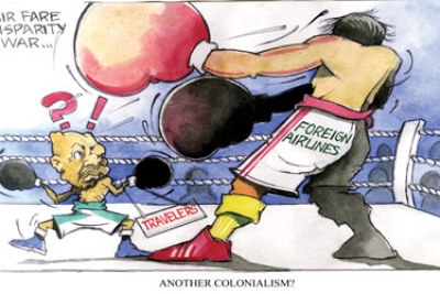 Cartoon depicting air transport disparities in Nigeria.