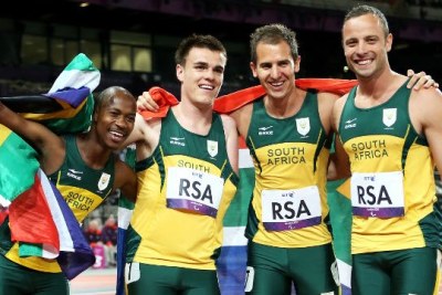 From left, Samkelo Radebe, Zivan Smith, Arnu Fourie and Oscar Pistorius set a new world record in the mens relay.