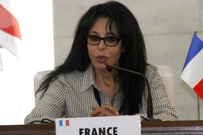Yamina Benguigui, la ministre française de la Francophonie le 14/10/2012 au palais du peuple à Kinshasa, lors de la conférence de presse marquant la clôture du 14ème sommet de la francophonie.