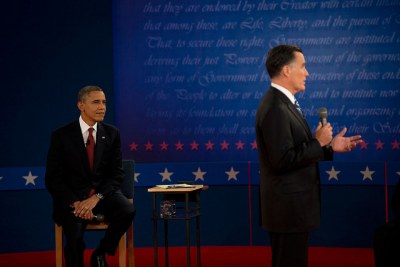 U.S. presidential candidates Barack Obama and Mitt Romney at their second presidential debate in Ohio.