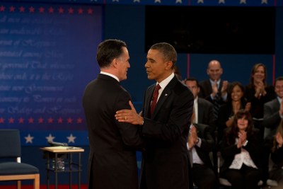 President Barack Obama and Governor Mitt Romney at the second presidential debate.