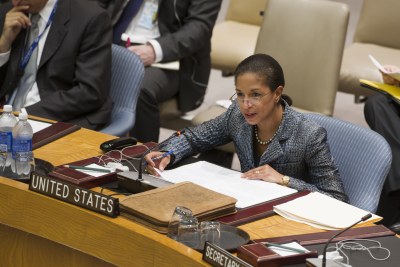 Susan Rice, permanent representative of the United States to the United Nations and co-leader of the mission delegation, addresses the UN Security Council.