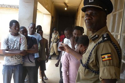 Striking Makerere students at Wandegeya Police Station.