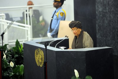 President Ellen Johnson Sirleaf addresses the 68th UN General Assembly session.
