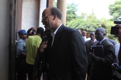 Charged: Mel Reynolds arriving for the court hearing in Harare.