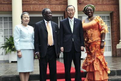 Secretary-General of the United Nations Ban Ki-moon (centre right) and his wife, Yoo Soon-taek (left), with the late Michael Sata and his wife, Christine Kaseba-Sata in Lusaka (file photo).
