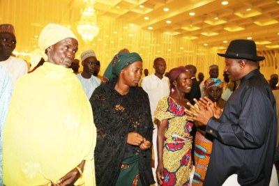 President Jonathan interacting with mothers of abducted Chibok girls at State House.
