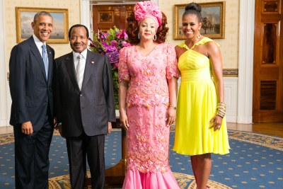 President Barack Obama and First Lady Michelle Obama greet His Excellency Paul Biya, President of the Republic of Cameroon, and Mrs Chantal Biya.
