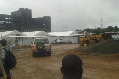 Construction workers build a new Ebola treatment center in Monrovia.