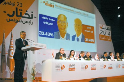 Premier tour de la présidentielle : Béji Caïd Essebsi, candidat de Nida Tounès, dépasse son dauphin, le président sortant Moncef Marzouki, de quelque 188 mille voix, soit 6,03% des voix.