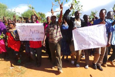 Residents of Ndoto Ward in Samburu North Sub County protest at Lesirkan trading centre on April 5, 2016 over the recent police recruitment exercise which they claimed was unfair and riddled with corruption.