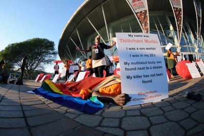 Activists for sex workers protesting outside the Durban ICC on the morning of the International AIDS Conference.