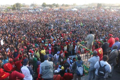 Hakainde Hichilema addressing his supporters at a Mandevu rally in Lusaka.