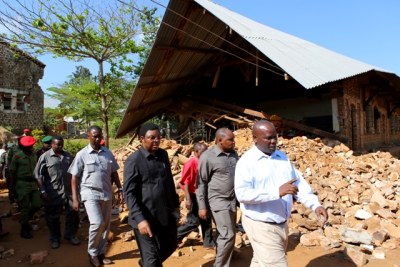The Prime Minister, Mr Kassim Majaliwa, walks past Ihungo Secondary School, which was hit by the earthquake that occured in Bukoba Municipality Kagera Region.