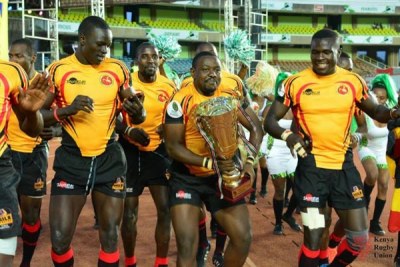 Uganda players celebrate beating Namibia in the Africa Cup 7s tournament.