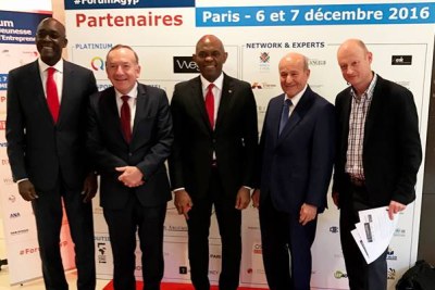 Makhtar Diop, World Bank Vice President, Pierre Gattaz, MEDEF President,  Tony O. Elumelu, C.O.N, Chairman, Heirs Holdings and Issad Rebrab, CEO, Cevital after their high level panel at the Africa-France Active Growth & Youth Programs (AGYP) organised by Le Mouvement des entreprises de France (MEDEF)
