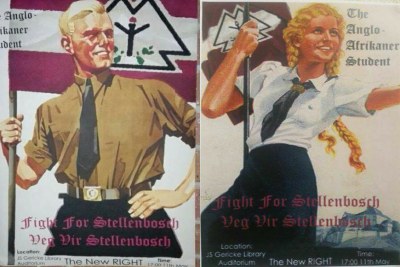 Imitation Nazi posters at the University of Stellenbosch promoting a meeting organised by a group called 