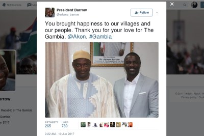 Adama Barrow, President of the Republic of The Gambia thanks Akon for lighting the country. You brought happiness to our villages and our people. Thank you for your love for The Gambia, @Akon. #Gambia