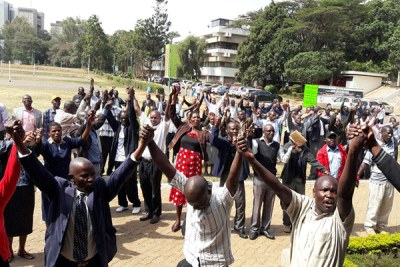 University of Nairobi staff demonstrate as they begin their strike.