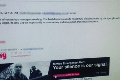 The screenshot of an email, allegedly by an employee of insurance company MiWay, calling black people “baboons”.