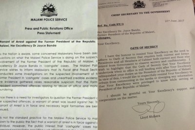 Arrest warrant and 'secrecy' letter sent to former President Joyce Banda by the current Malawi government.