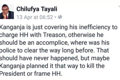 Chilufya Tayali has been charged with criminal libel over this Facebook post.