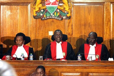 Deputy Chief Justice Philomena Mwilu, Chief Justice David Maraga and Justice Mohamed Ibrahim at the Supreme Court (file photo).