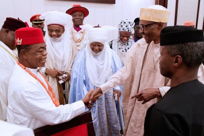 Vice President Yemi Osinbajo and President Buhari welcome the National Council of Traditional Rulers of Nigeria to the State House.