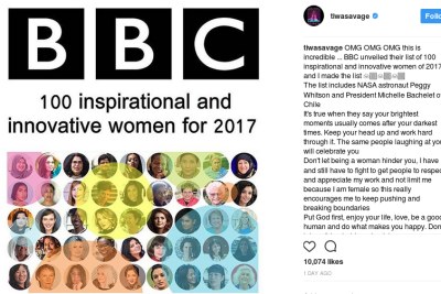 Tiwa Savage reacts to making BBC top 100 women list.