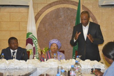 From left: ECOWAS Chairman and President of the Republic of Togo, Faure Gnassingbé; President of Liberia, Ellen Johnson Sirleaf; and AU Chair and President of the Republic of Guinea, Alpha Condé, at the high table. The AU and ECOWAS are working to resolve the political impasse that has gripped the Liberian nation since the release of the results of the October 10 polls.