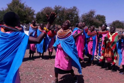 Samburu dancers entertain guests during Jamhuri celebrations at Isiolo stadium.