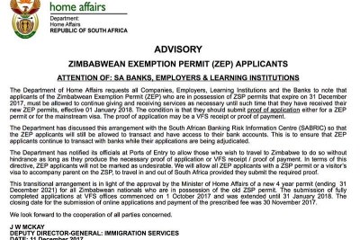 DHA statement on Zimbabwean Exemption Permit.