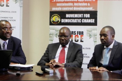 From left, MDC Alliance leaders Douglas Mwonzora, Tendai Biti and Nelson Chamisa (file photo).