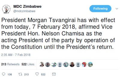 MDC-T's Twitter account also tweeted Nelson Chamisa's alleged appointment.