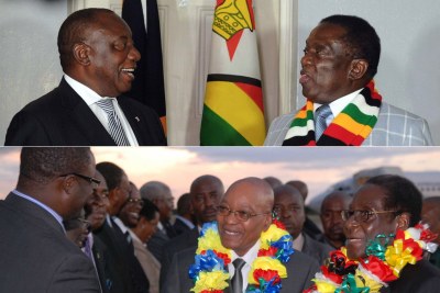 Top row: Presidents Cyril Ramaphosa and Emmerson Mnanmgagwa. Bottom row: Former presidents Jacob Zuma and Robert Mugabe (file photo).