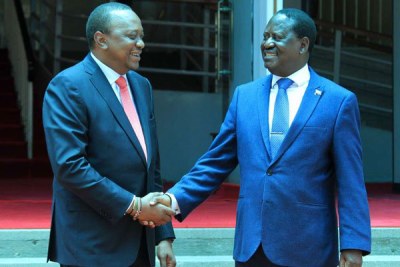 President Kenyatta and Nasa leader Raila Odinga when they met at Harambee House on March 9, 2018.